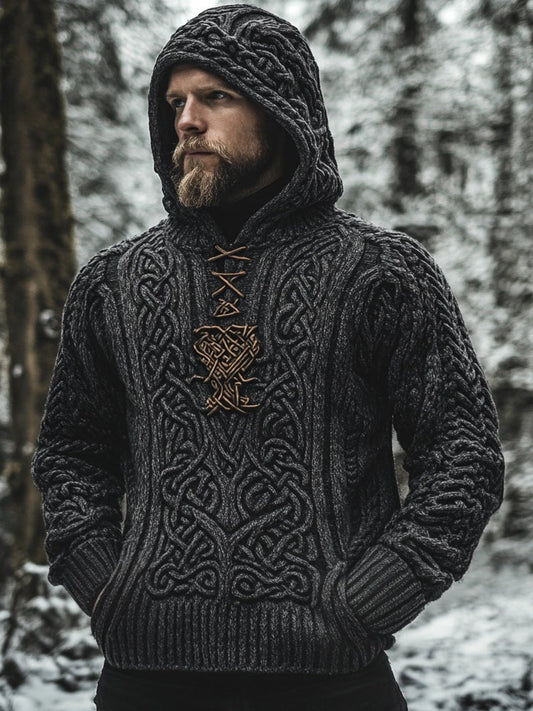 Men's Viking Inspired Celtic Jacquard Retro Hooded Sweater elevenforest