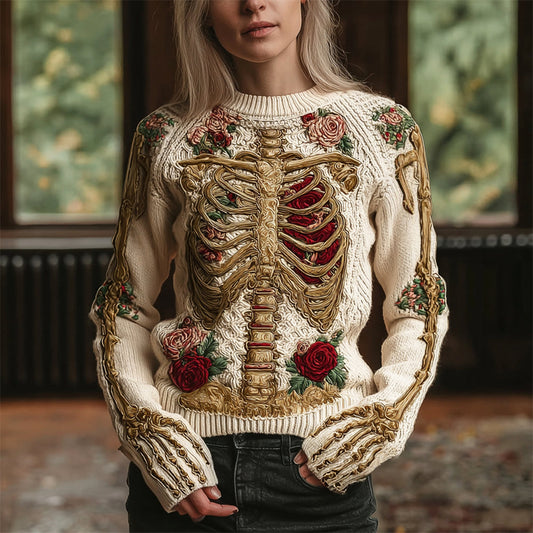 Comstylish Retro Skeleton & Floral Women's Crew Neck Knit Sweater