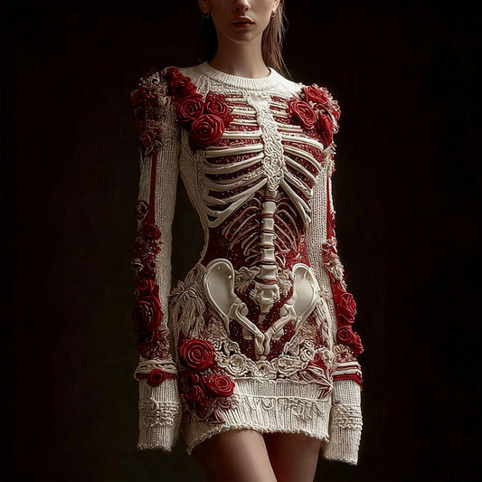 Comstylish Women's Halloween Skeleton Bones With Rose Art Cozy Knit Mini Sweater Dress