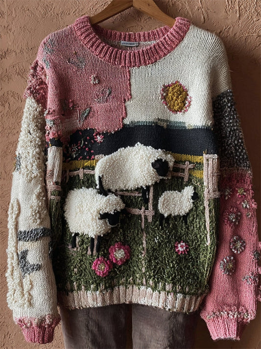 Vintage Farm Sheep Floral Colorblock Patchwork Cozy Knit Sweater elevenforest