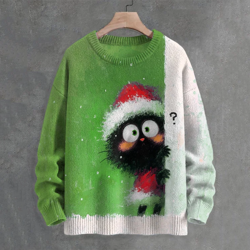 Men's Black Cat In Christmas Costume Hiding Art Print Casual Knit Crew Neck Sweater elevenforest