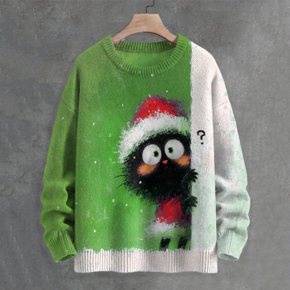Men's Black Cat In Christmas Costume Hiding Art Print Casual Knit Crew Neck Sweater elevenforest
