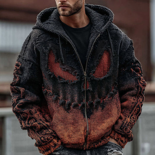 Men's Halloween Spooky Face Gradient Inspired Knitted Distressed Zipper Up Hooded Sweater elevenforest