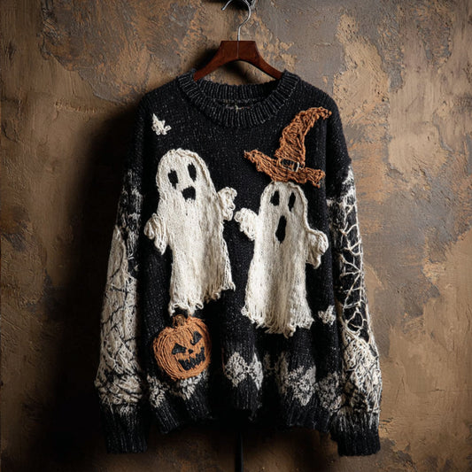 Women's Halloween Ghost Screaming Night Patchwork Embroidery Vintage Round Neck Sweater elevenforest
