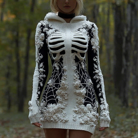 Comstylish Halloween Skeleton Rose With Spiderweb Art Cozy Knit Hooded Sweater Dress