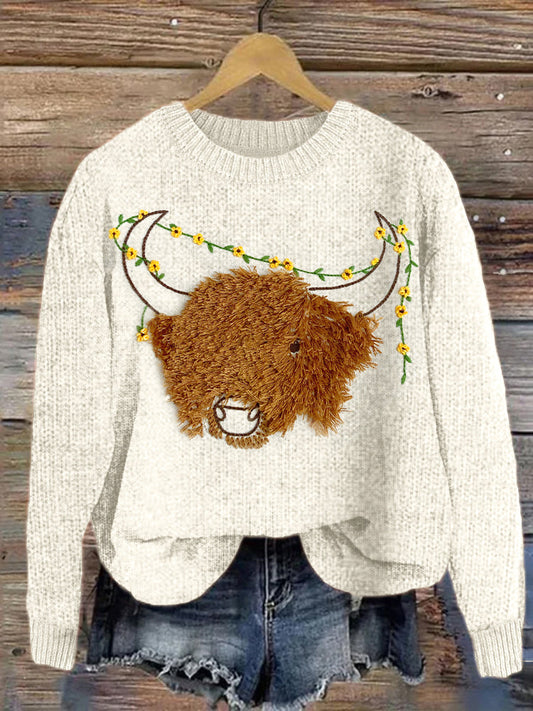Cute Highland Cow Embroidered Cozy Knit Sweater artswardrobe