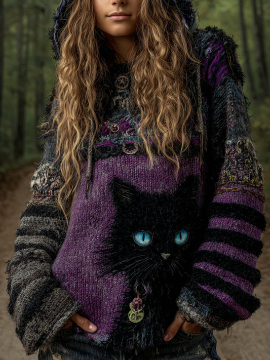 Women's Halloween Cat Embroidery Patchwork Vintage Hooded Sweater elevenforest
