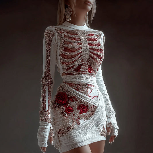 Comstylish Women's Red Rose Skeleton Art Knit Mini Sweater Dress