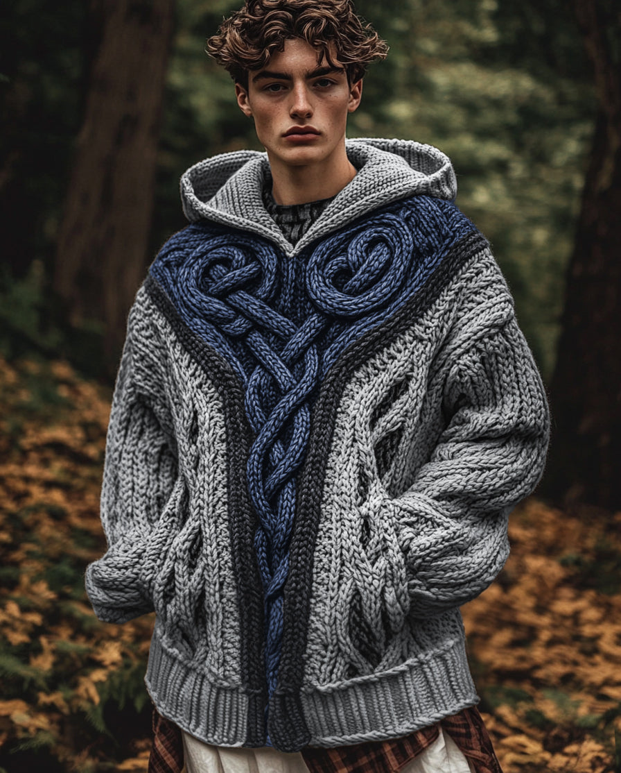 Men's Vintage Irish Celtic Knot Jacquard Mottled Hooded Sweater elevenforest