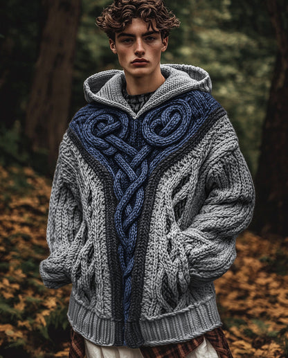 Men's Vintage Irish Celtic Knot Jacquard Mottled Hooded Sweater elevenforest