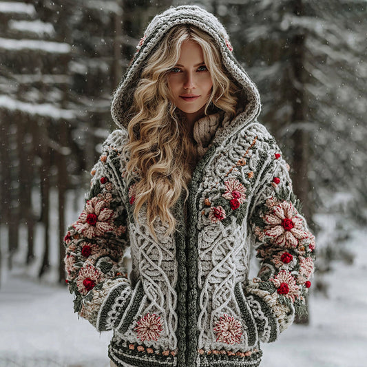 Women's Celtic Knot Christmas Flower Winter Violin Jacquard Zipper Hooded Sweater artswardrobe