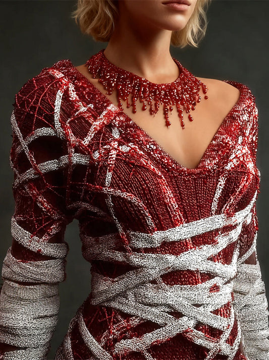 Halloween Blood-red Bandage Art Women's V-neck Sweater artswardrobe