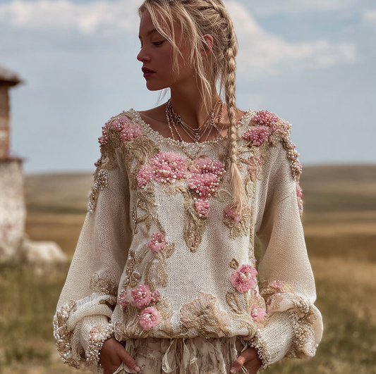 Bohemian Style Round Neck Long Sleeve 3d Floral Design Women's Sweater elevenforest