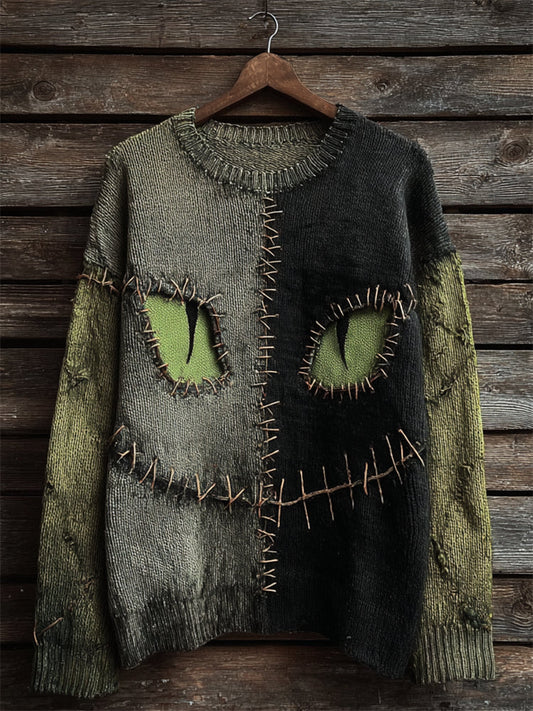 Halloween Black Cat Face Contrast Stitched Cozy Knit Sweater elevenforest