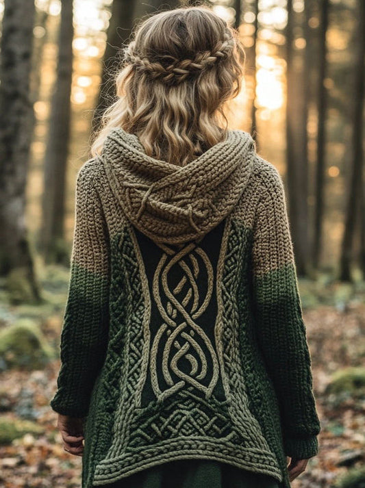 Women's Celtic Knot Contrast Color Cozy Knit Hooded Sweater elevenforest