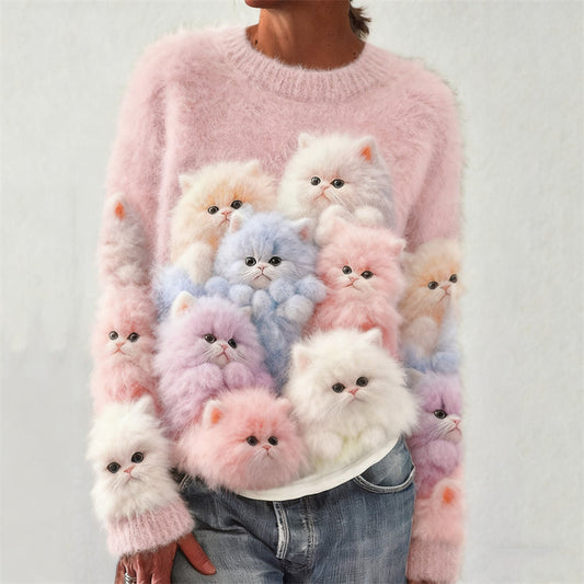 Comstylish Lovely Fuzzy Colorful Cats Cozy Knit Sweater