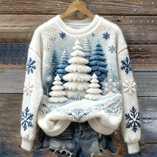 Christmas Tree & Snowflake Art Women's Cozy Plush Sweater artswardrobe