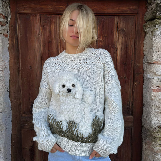 Vintage Fuzzy Dog On Grassland Cozy Knit Sweater elevenforest