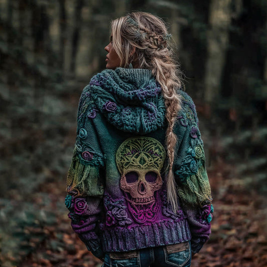 Women's Vintage Viking Skull And Rose Gradient Art Knit Hooded Sweater elevenforest
