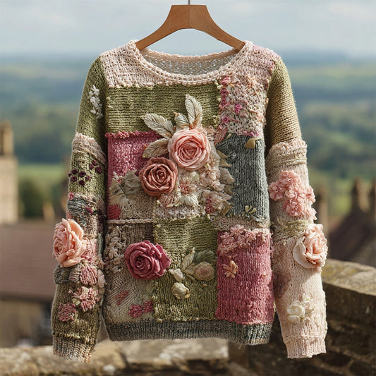 Vintage Roses Embroidered Patchwork Cozy Knitted Sweater elevenforest