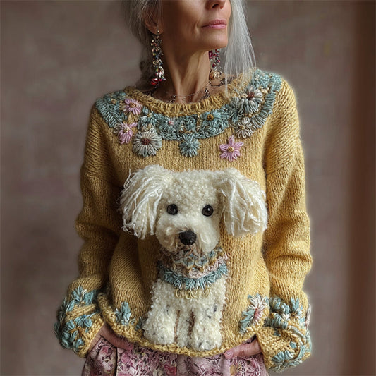 Vintage Fuzzy Dog Boho Floral Embroidered Cozy Knit Sweater elevenforest