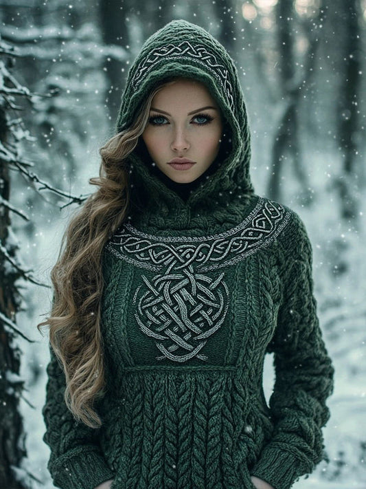 Women's Celtic Knot Pattern Chunky Knit Hooded Sweater artswardrobe