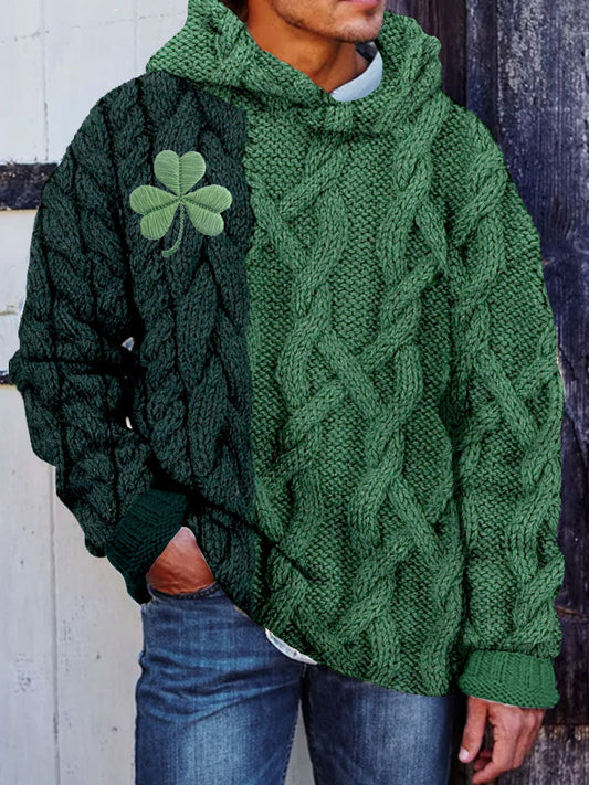 Men's Shamrock Embroidered Jacquard Cozy Hooded Sweater elevenforest