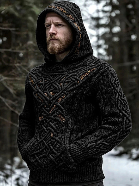 Men's Viking Jacquard Celtic Style Cozy Knit Hooded Sweater elevenforest