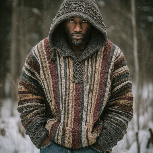 Men's Retro Colorful Striped Celtic Art Knit Hooded Sweater elevenforest