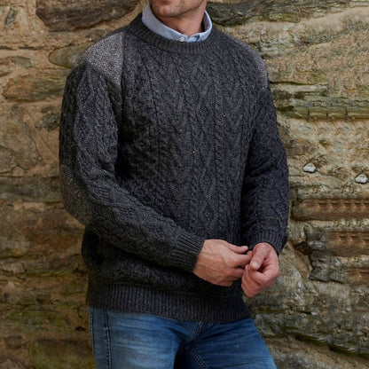 Men'S Retro Patchwork Jacquard Knitting Crew Neck Aran Sweater artswardrobe