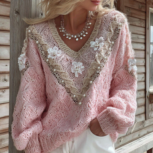 Vintage Floral Pearl Embroidery Patchwork V Neck Cozy Cable Knit Sweater artswardrobe
