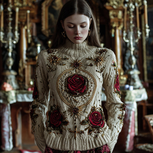 Comstylish Women's Halloween Red Rose High Collar Sweater