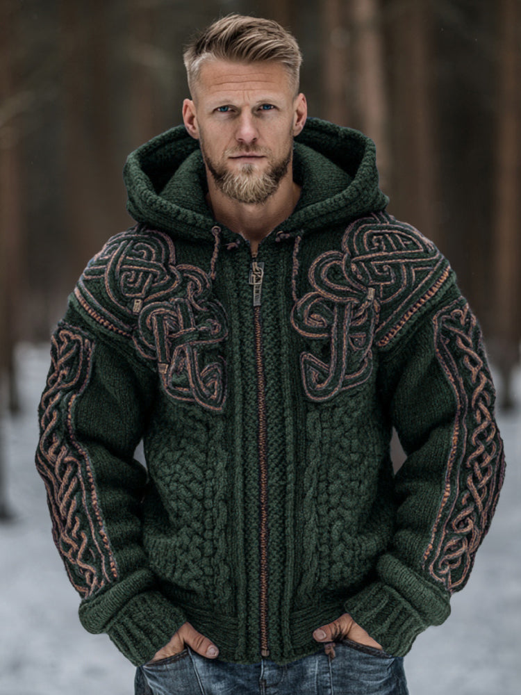 Men's Vintage Viking Celtic Knot Art Chunky Knit Hooded Zip-up Sweater elevenforest