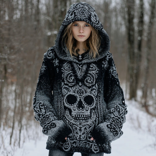 Women's Vintage Skull Gradient Art Knit Hooded Sweater artswardrobe