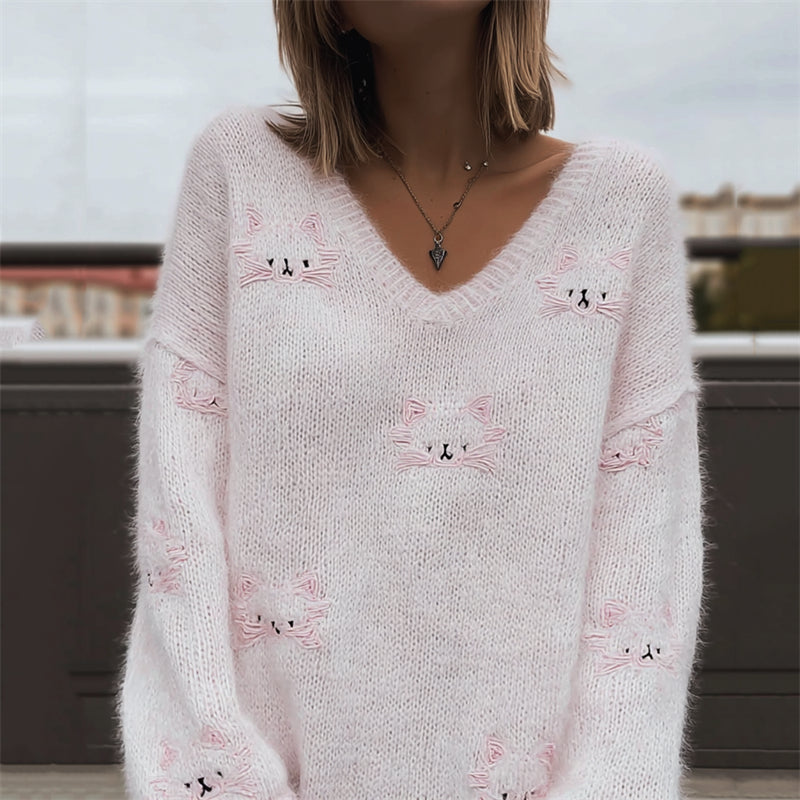 Comstylish Lovely Pink Cats Faces Fuzzy Cozy Knit Sweater