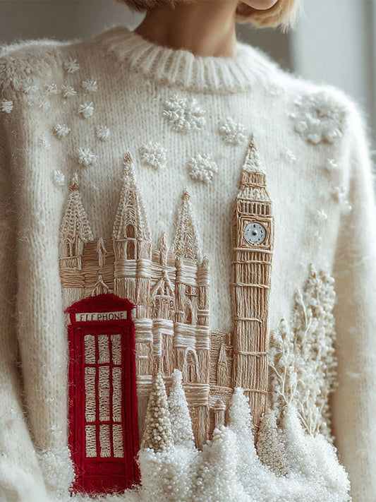 Vintage Christmas Snowy London Embroidered Cozy Sweater artswardrobe