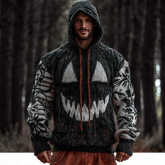Halloween Pumpkin Emoji Black And White Two Tone Thick Hooded Sweater artswardrobe