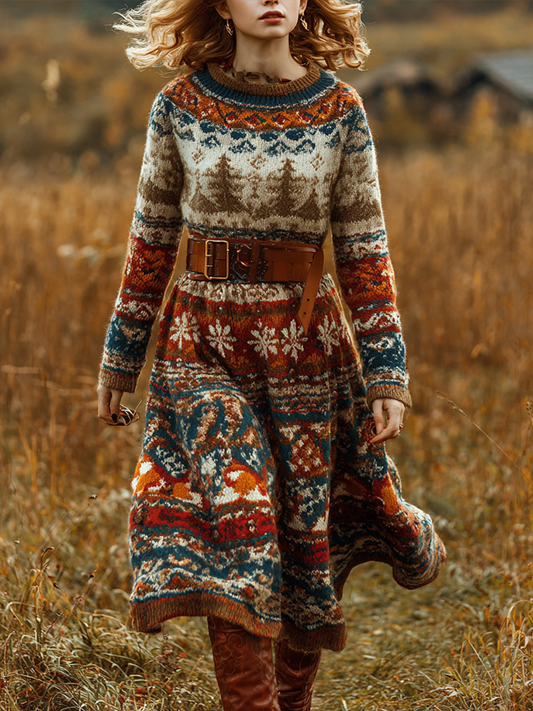 Comstylish Retro Christmas Series Women's Round Neck Knitted Sweater Dress Long Dress