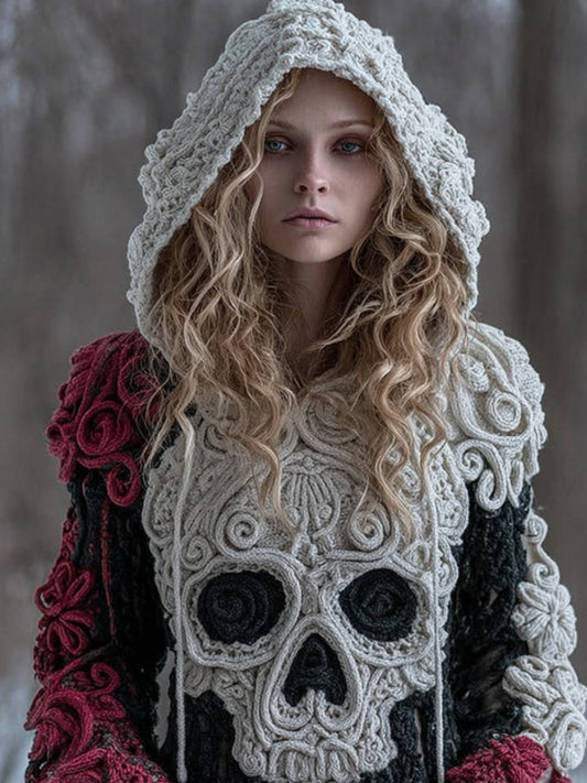 Women Halloween Big Skull Rose Vintage Hooded Sweater elevenforest