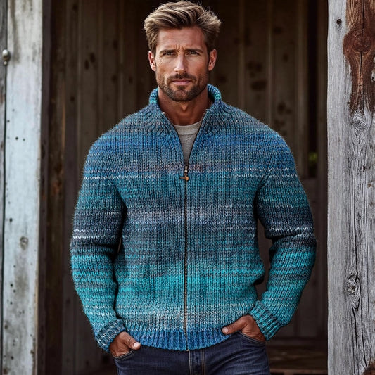 Men's Vintage Stripes Gradient Knitted Zip Cozy Sweater elevenforest