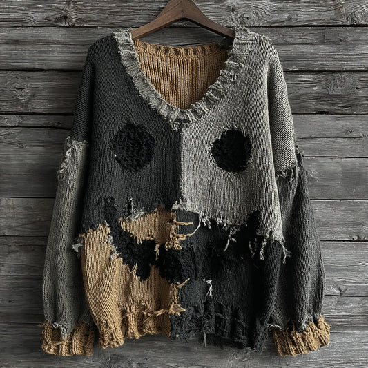 Halloween Spooky Face Contrast Stitching Comfortable V-neck Knitted Sweater elevenforest