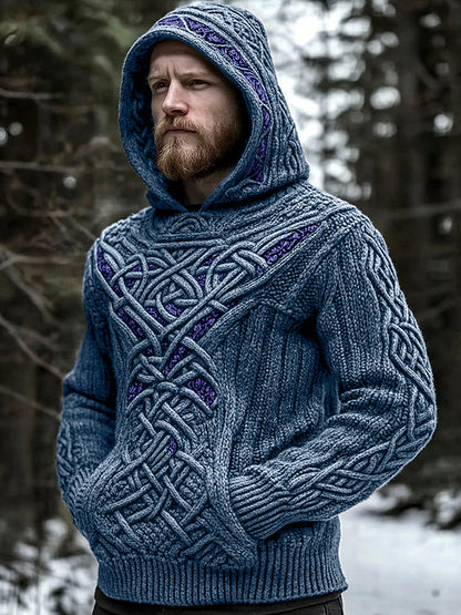 Men's Viking Jacquard Celtic Style Cozy Knit Hooded Sweater elevenforest