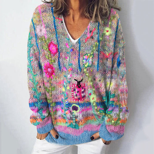 Vintage Floral Print V-Neck Long Sleeves Knitted Sweater elevenforest