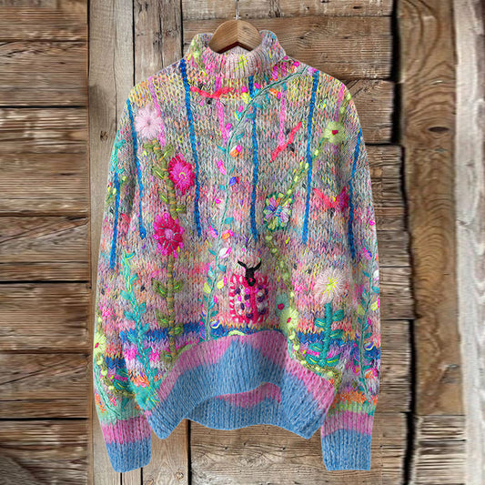 Vintage Floral Print Turtleneck Knitted Cozy Pullover Sweater elevenforest