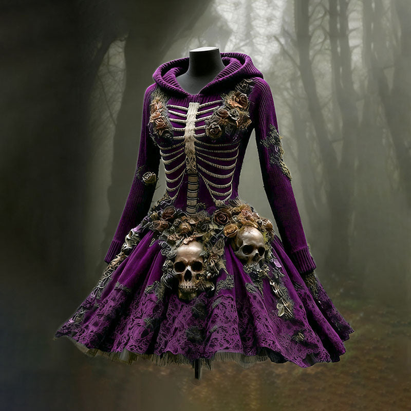 Comstylish Women's Halloween Skull Flower Moss Witch Sweater Dress