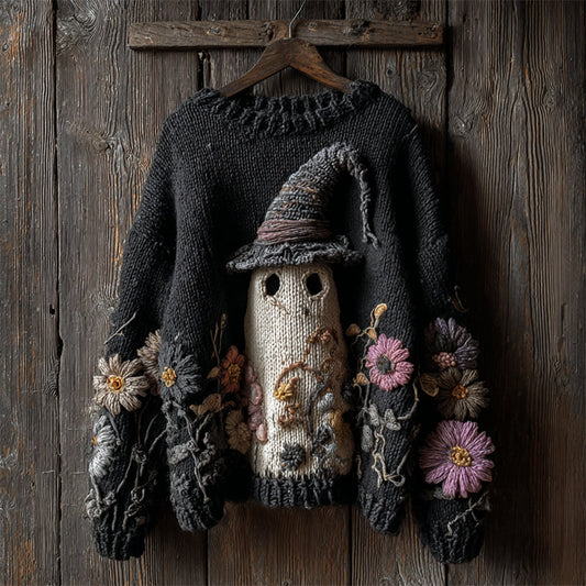 Comstylish Halloween Lovely Ghost Floral Crochet Cozy Knit Sweater