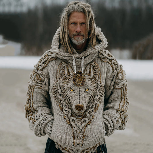 Men's Vintage Viking Wolf Cozy Knit Hooded Sweater artswardrobe