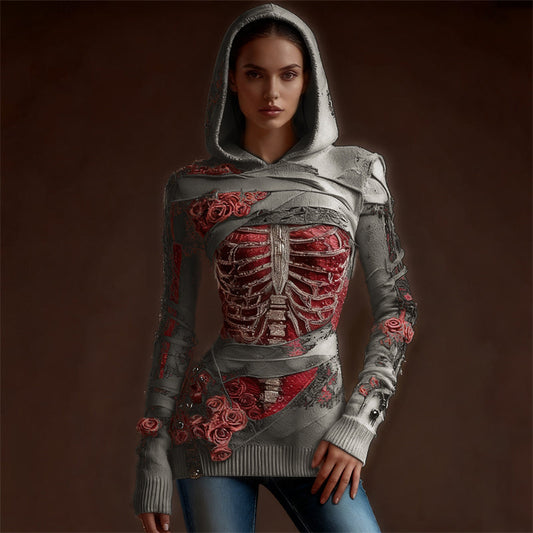 Comstylish Classy Skeleton Anatomy Bloody Roses Bandages Hooded Sweater