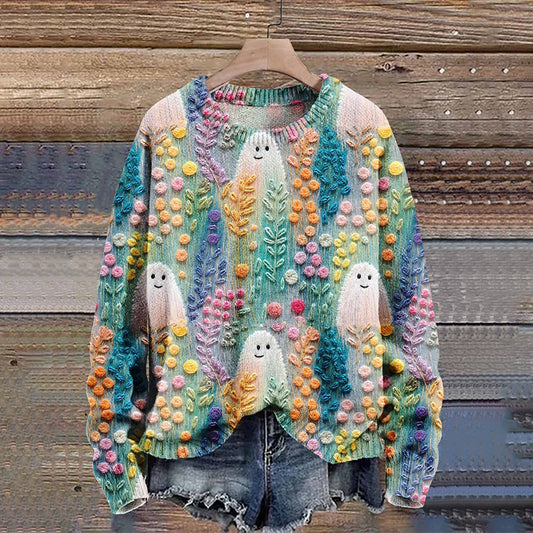 Rainbow Ghost Flower Autumn Season Halloween Art Print Knit Pullover Sweater artswardrobe