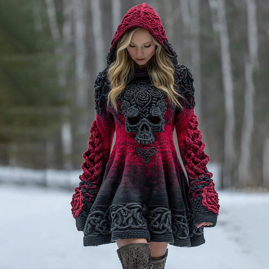 Women's Viking Tribal Celtic Skull Gradient Art Hooded Sweater Dress elevenforest